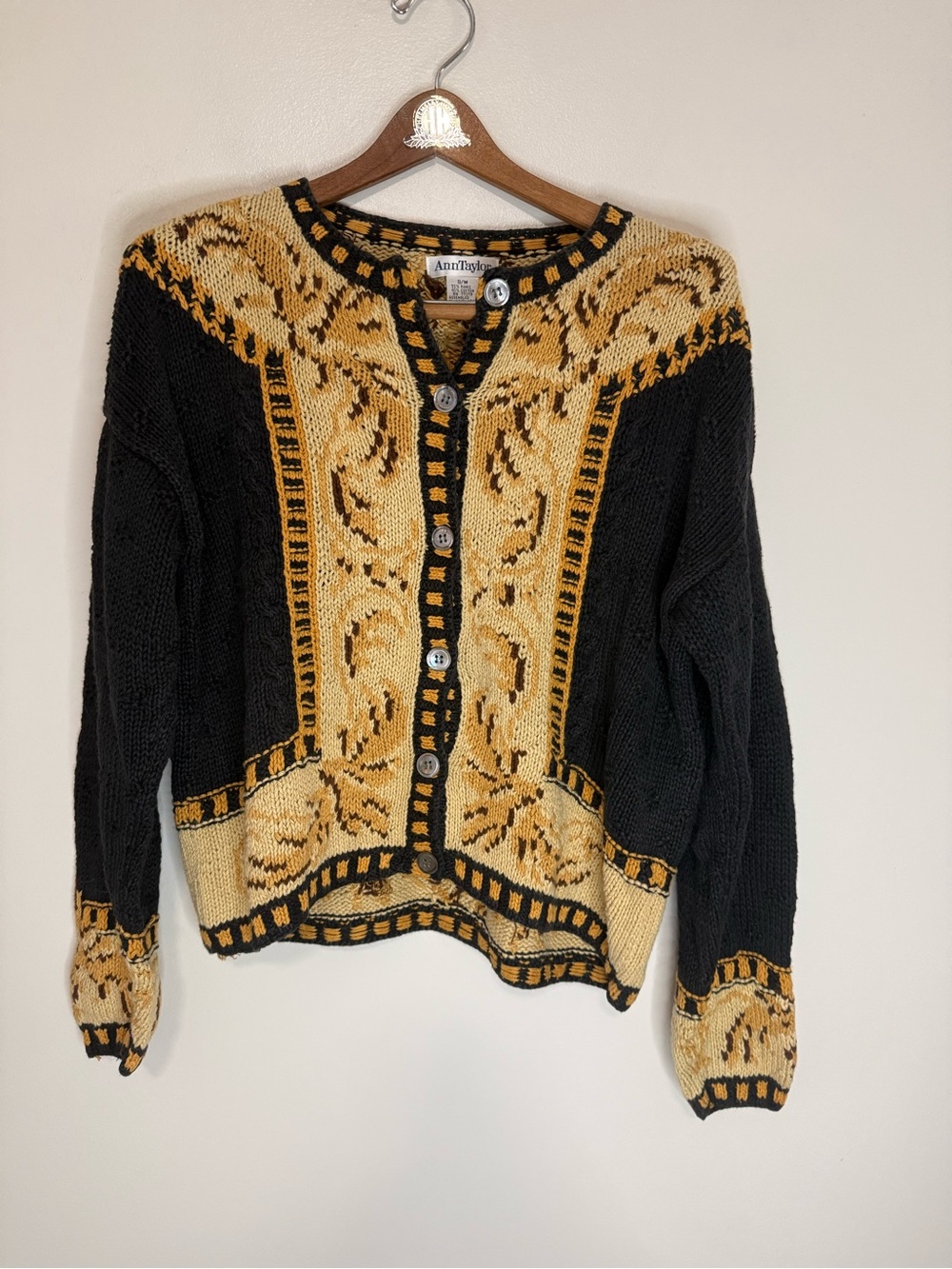 Ann Taylor vintage Black Mustard Patterned Button-Up Sweater size small/medium